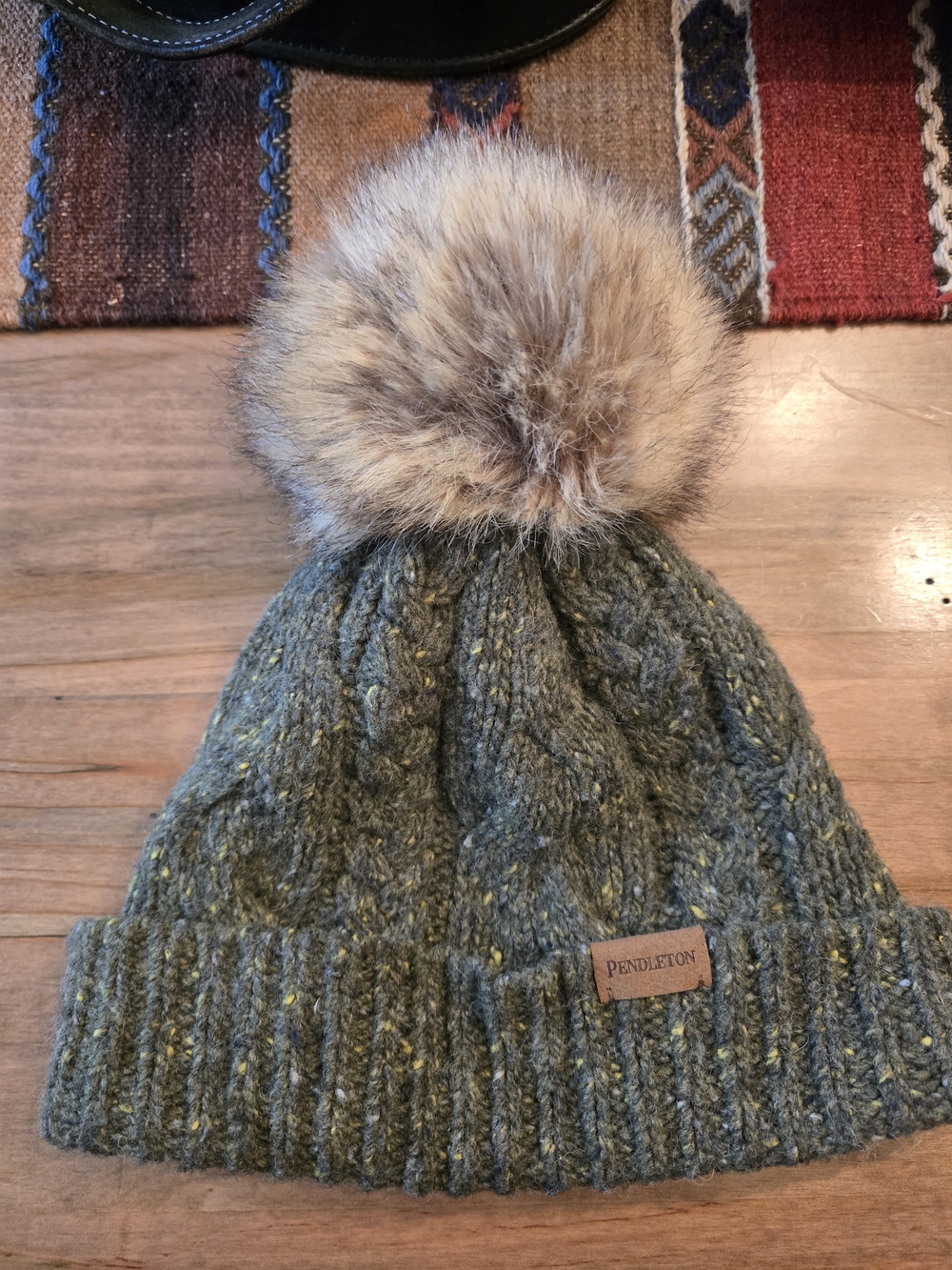 Pendleton Olive Green Knit Beanie with Faux Fur Pom